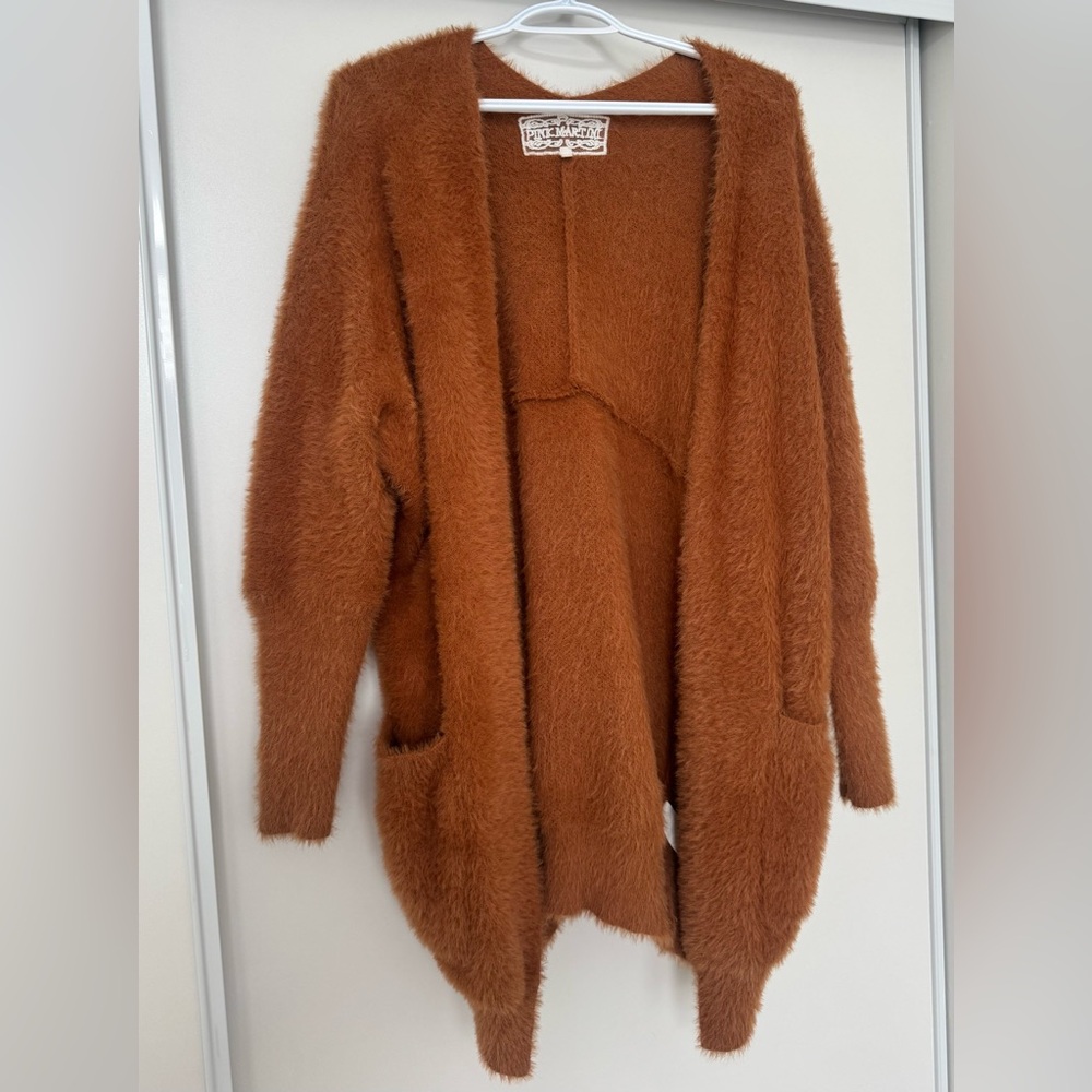 Pink Martini Fuzzy Open Front Cardigan | Rust Brown | Oversized Fit | M